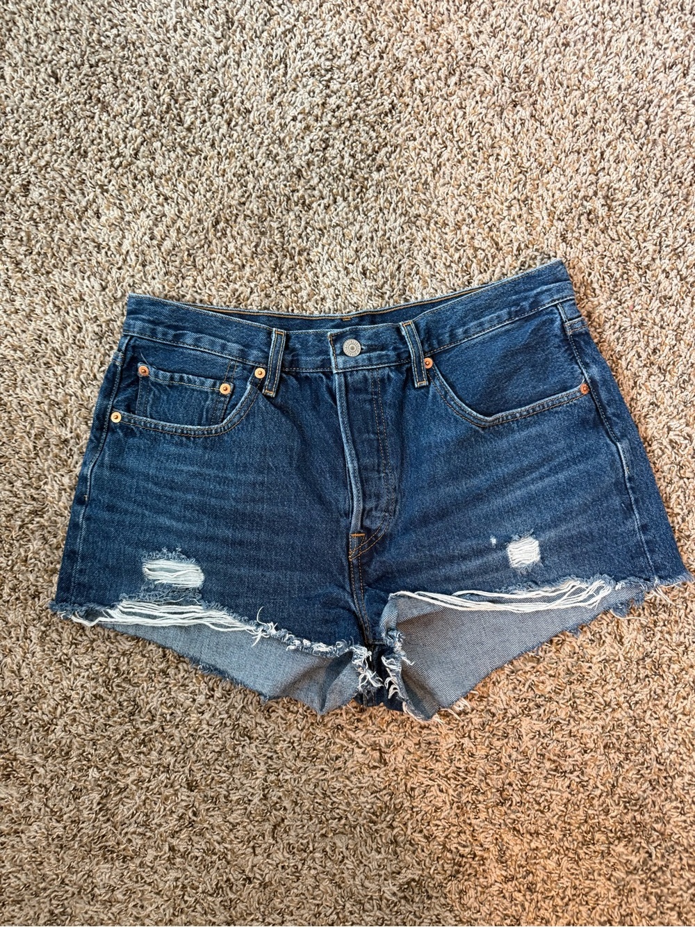 Levi’s 501 Dark-Washed Distressed Denim Shorts
